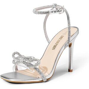 🆕 Women Silver Double Bowknots Crystal Sandals Clear Slingback Square Toe Heels